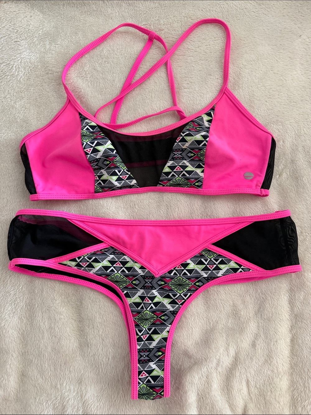 Neon Pink Strappy Bikini with Geometric Trim